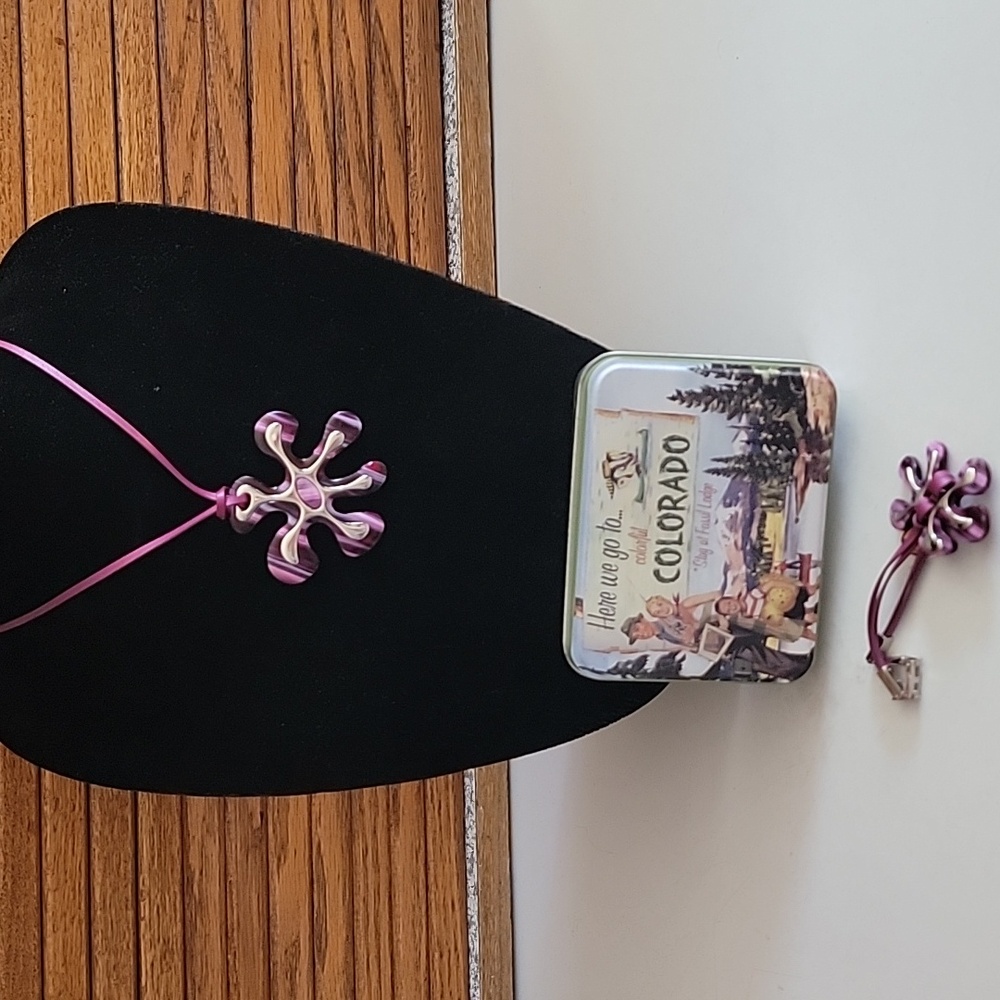 Fossil Steel unique purple flower necklace bracelet new nwt colorado tin box